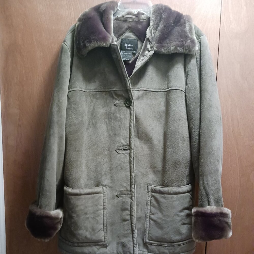 Dennis Basso suede leather coat with faux fur lining and cuffs